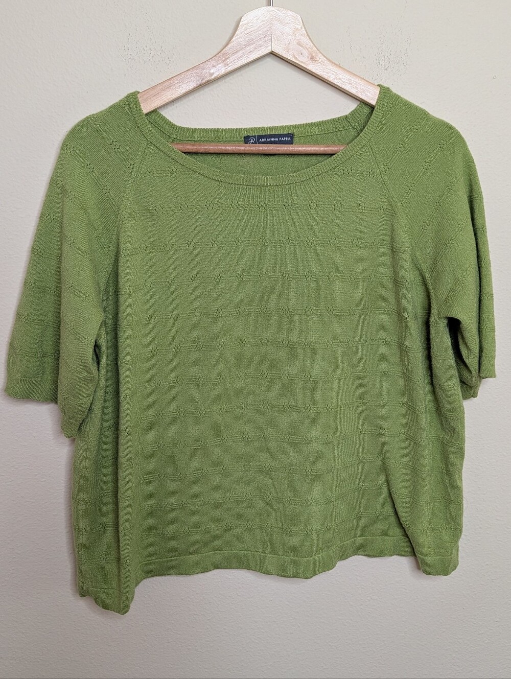 Adrianna Papell Green Pointelle Knit Top Short Sleeve Boxy Crop Sweater Size‎ XL